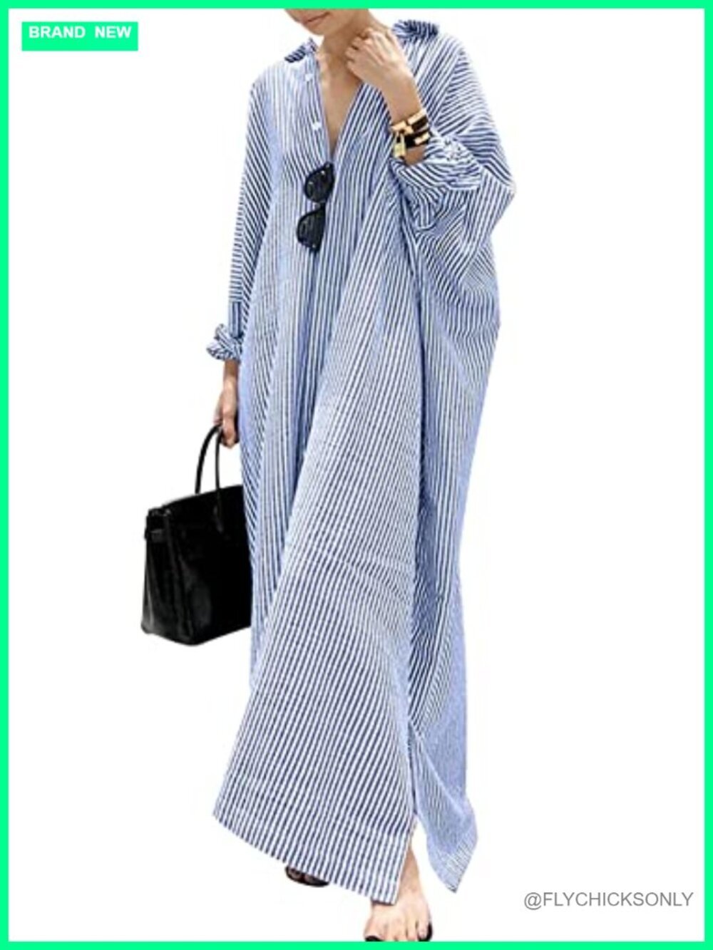 Women's Long Sleeve Button Down Striped Cotton Maxi Shirt Dress